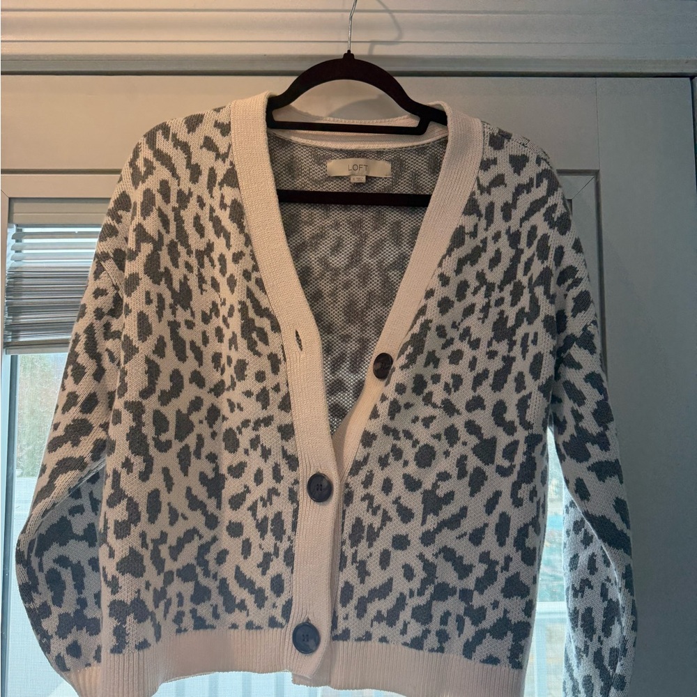 LOFT Gray and Cream Leopard Print Button-Front Cardigan